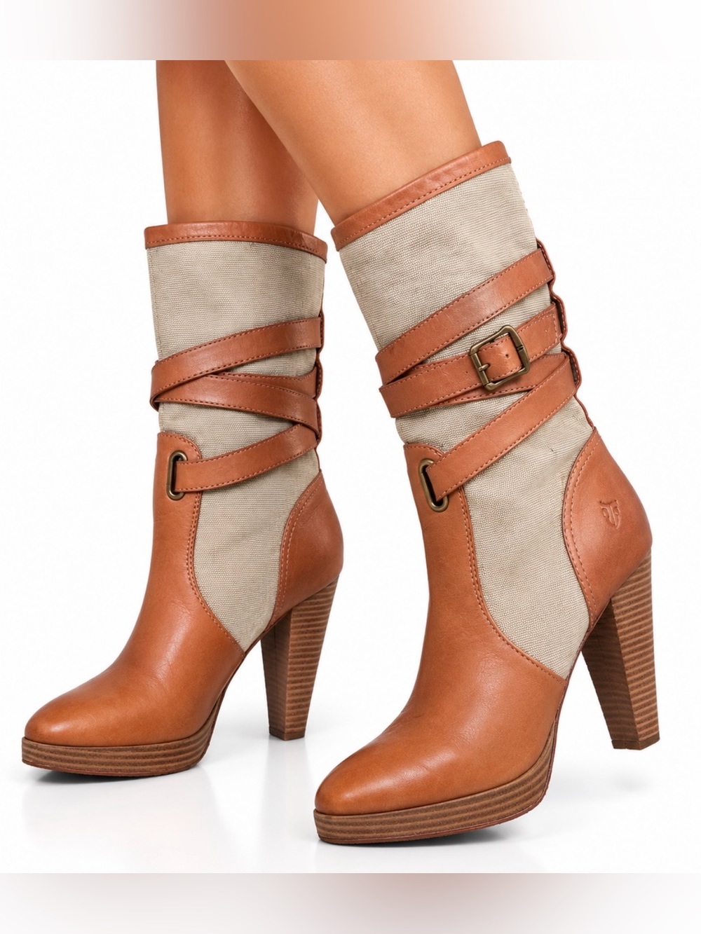 Frye Harlow Boots Brown Leather Canvas High Heel Buckles Straps Boho Fall 9.5